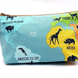 Lustige Make-up Tasche mit Karte der Welt. Unisex handgefertigte Kulturtasche. lebendiger farbiger Baumwollwaschbeutel für Kinder. Abenteurer liebevolles Geschenk