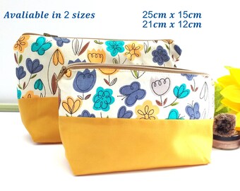 Neceser artesanal para mujer. Precioso neceser amarillo floral con cremallera. Neceser impermeable con forro. Bolsa de regalo mediana/pequeña.
