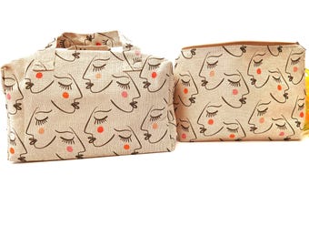Regalo de cosmética femenina hecho a mano. Neceser con estampado abstracto de rostro. Neceser de algodón con cremallera. Neceser forrado e impermeable.