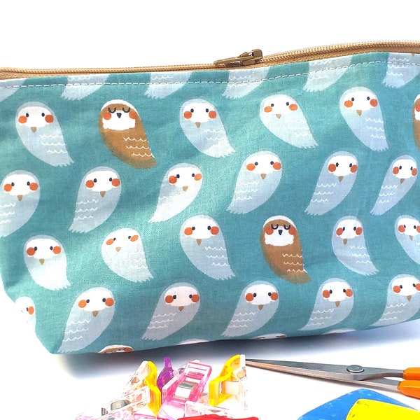 Women's Handmade Cosmetic Bag. Adorable Owl Print Makeup Bag. Girls Aqua Coloured Cotton Washbag. Water Resistant Zip Lined Gift Pouch.