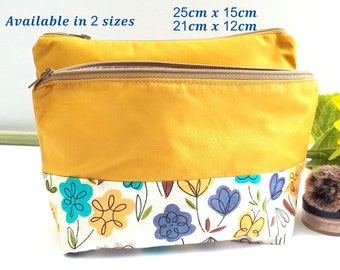 Neceser amarillo con cremallera y diseño floral estilizado. Neceser artesanal para mujer. Neceser impermeable con forro. Neceser de regalo mediano o pequeño.