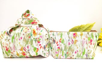 Handcrafted Floral Cotton Makeup Set. Pink And Green Meadow Inspired Print Zip Pouch. Pink Water Resistant Wipe Clean Lining. UK Made Gift