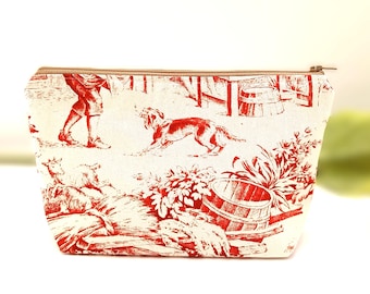 Neceser rojo Toile de Jouy. Neceser de maquillaje de algodón hecho a mano para mujer. Neceser resistente al agua, fácil de limpiar, con forro. Hecho en el Reino Unido. Regalo.