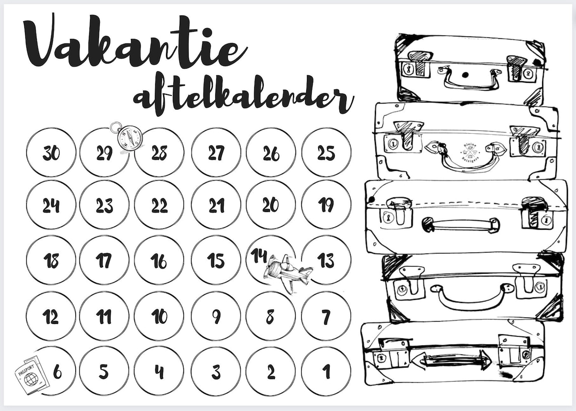 Aftelkalender vakantie, Aftelkalender print, Aftelkalender, Countdown