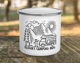 Tasse de camping en émail personnalisée | Mug émaillé camping garçon