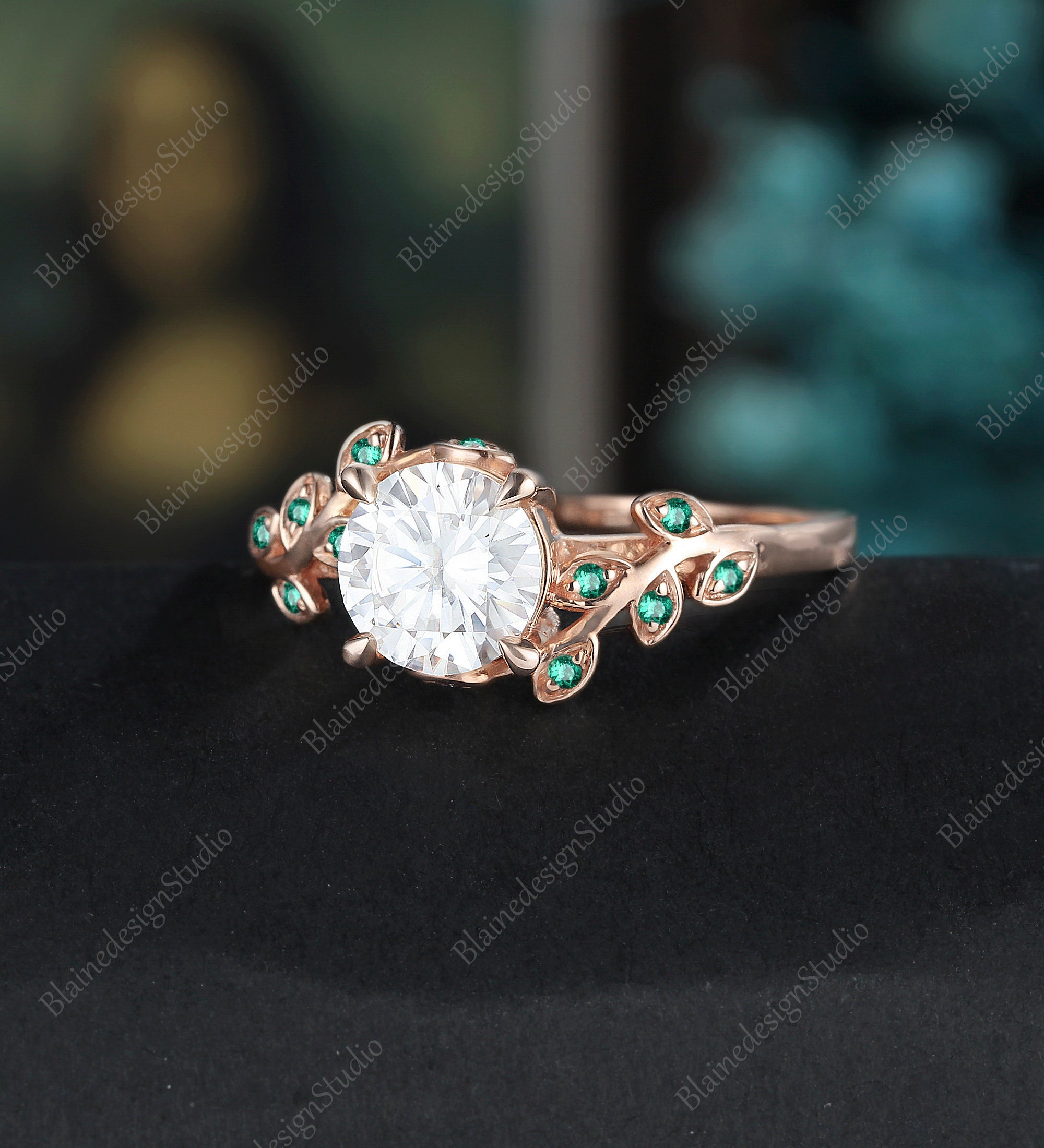 Vintage Moissanite Engagement Ring Set Rose Gold Leaf Art Deco