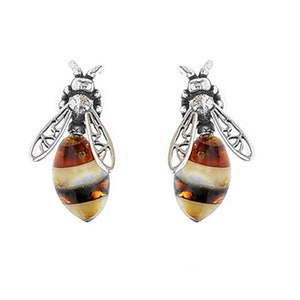 Sterling Silver & Real Amber Bee Earrings Studs
