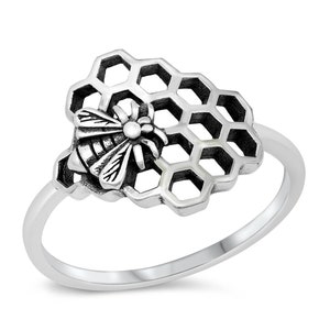Sterling Silver Bee and Honeycomb Ring - Extra Small sizes and large sizes Available G - T (4-10 USA)