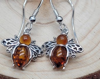 Sterling Silver & Real Amber Bee Earrings - Cognac Orange Amber Drops Drop