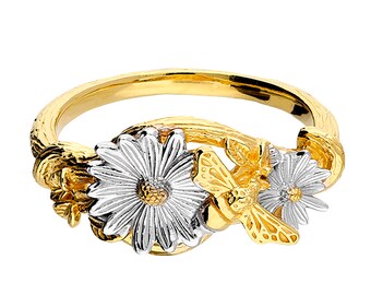Sterling Silver & Gold Bee Ring and Flower Ring Sizes L - R