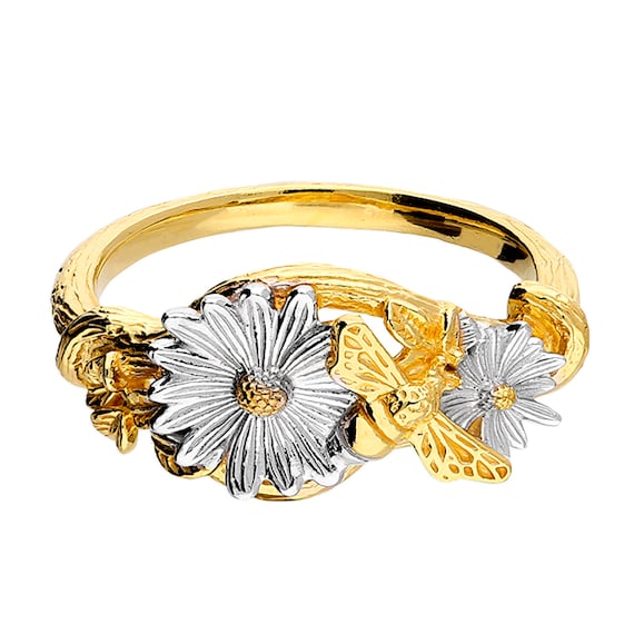 Sterling Silver Gold Bee Ring and Flower Ring Sizes L R Etsy