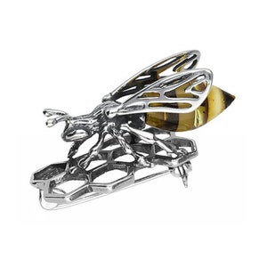 Large & Detailed Sterling Silver Bee Brooch with Real Amber