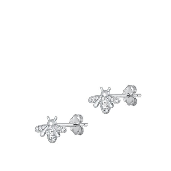 Pair of 925 Sterling Silver Bumble Bee Minimal Stud Earrings With White CZ Wings Pair of 925 Sterling Silver Bumble Bee Minimal Stud Earrings With White CZ Wings