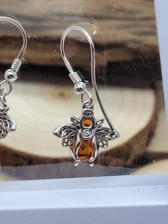 Orecchini In Ambra E Argento 925 A Forma Di Ape E Nido D'Ape - Gioiello Donna Originale - 3
