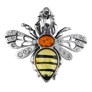 Sterling Silver Bee Brooch - Real Baltic amber & Cz Stones