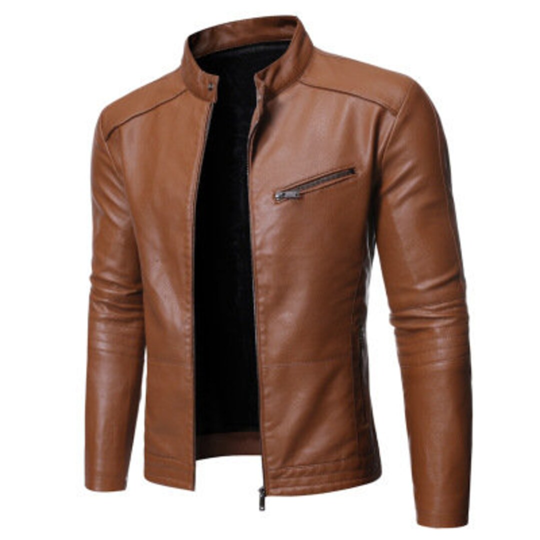 Autumn Spring Men's Slim Fit Stylish Leather Jacket Round Button Collar ...