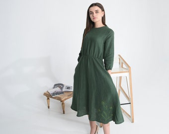 Linen dress needlework embroidered dress green dress embroidery designer embroidery cute dress linen clothing dresses linen linen dresses