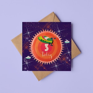 Badge avec bouton Vaisseau spatial « 3 aujourd'hui » Carte de voeux / Fusée / Espace / Galaxie / Étoiles / Soleil / Pour enfant / Lui / Elle / Anniversaire / Intérieur vierge