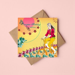 Pour votre anniversaire avec amour... Carte de voeux fille sur un vélo / Dessin de figurines / Fleurs / Collage / Girly / Pour elle / Ami / Vide à l'intérieur