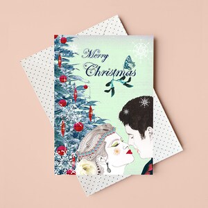 Buon Natale biglietto d'auguri con bacio al vischio / Festivo / Romantico / Magico / Collage / Disegno di figura / Per lui / Per lei / Vuoto all'interno