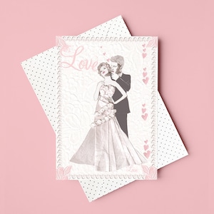 Carte de voeux de mariage d'amour / Dessin de personnages / Collage / Illustration / Pour femme / Mari / Lui / Elle / Jeunes mariés / Délicat / Rose pastel
