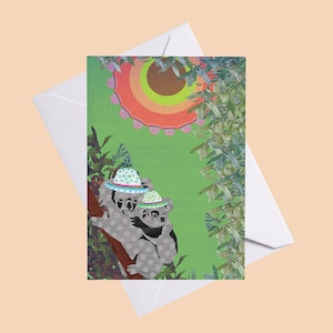 Mum & Baby Koala Greeting Card / Animal Lover / Party Hat / Australia Outback / Wildlife / For Child / Him / Her / Blank Inside