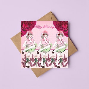 Verjaardagswenskaart kapsalon / figuurillustratie / kapper / bloemen / collage / girly / voor haar / vriend / blanco binnenkant / pastel