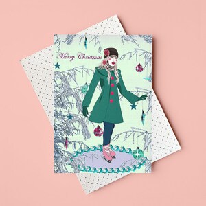 Tarjeta de felicitación navideña de patinaje sobre hielo / Festiva / Clásica / Mágica / Collage / Dibujo de figuras / Para él / Para ella / Interior en blanco