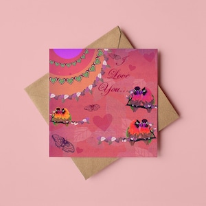 I Love You...Lovebirds Greeting Card / Bird Lover / Parrot / Valentine / For Girlfriend / Boyfriend / Cute / Heart / Blank Inside / Collaged