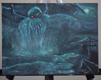 May include: A painting of a green, tentacled creature with glowing red eyes emerging from the ocean. The creature is depicted as a monstrous, otherworldly being, with a dark and stormy background. The painting is signed "Rima Artis" in the lower right corner.