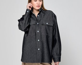 DENIM SHIRT, Cotton Blouse, Office Wear, Denim Shirt, Sleeve Game Strong: Large Long-Sleeved Blouse For A Fashion Statement,Womens Clothing