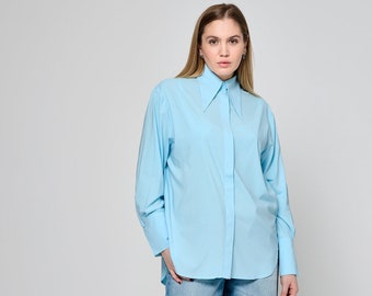 Blue blouse, Casual viscose shirt, Classic shirt long sleeves, Office blouse, Luxury blouse, White cotton shirt, Elegant Modern Design