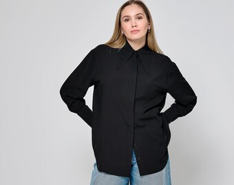 Black women's Office Shirt,Shirt with Large Cuffs,Casual Top,Cotton Top,Handmade Shirt,Long Sleeve Blouse,Chic Office Blouse,Womens Clothing