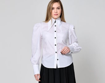 White Shirt Pointed Collar Blouse for Women,Elegant Office Shirt,Cotton Blouse,Design Blouse,Long Sleeve Shirt for Women, Womens Clothing