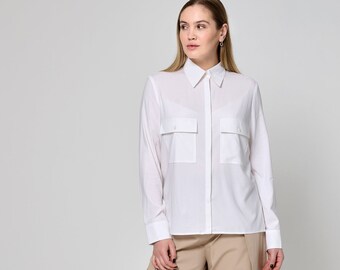 Casual Shirt Blouse Women White, Women Collar Blouse, Viscose White Blouse with Breast Pockets,Womens Clothing,Handmade Shirt,Cotton Shirt