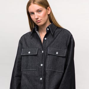 oversized big front pockets denim shirt for women in dark blue, handmade clothing for women, couture shirt