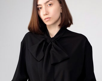 Black Women's Classic Shirt with Tie Collar,Black Blouse,Handmade Blouse,Long Sleeve Blouse,Casual Blouse,Handmade Shirt,Womens Clothing