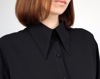 Black women's Blouse/Office Shirt/Shirt with Large Cuffs/Casual Top/Cotton Shirt for Women/Long Sleeve Blouse/Casual Blouse,Womens Clothing