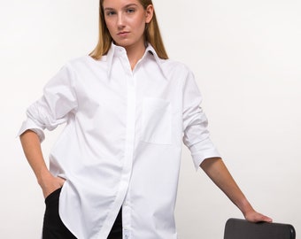 Chemise classique blanche pour femmes, chemise de bureau, chemise surdimensionnée en coton, chemisier blanc, chemise à manches longues, vêtements pour femmes, chemise blanche, chemisier