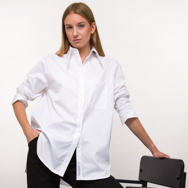 Chemise classique blanche pour femmes, chemise de bureau, chemise surdimensionnée en coton, chemisier blanc, chemise à manches longues, vêtements pour femmes, chemise blanche, chemisier