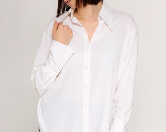 White Blouse/White Office Shirt/Shirt Large Cuffs/Casual Shirt/Cotton Blouse/Cotton Shirt/Long Sleeve Blouse/Office Blouse,Womens Clothing