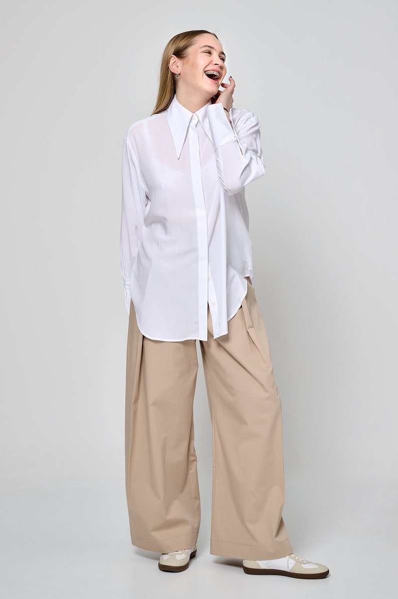 White Blouse,Office Women Shirt,White Women's Shirt Casual Top,Blouse Long Sleeve, Handmade,Design Blouse,Cotton Elegant Top,Womens Clothing image 2
