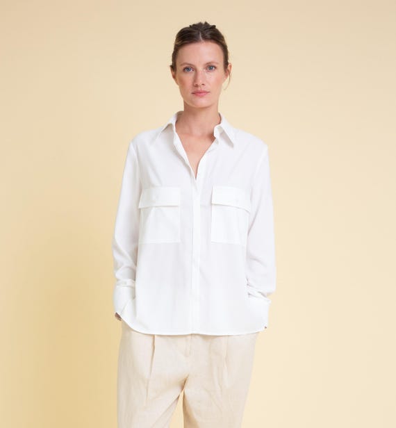 Casual Shirt Blouse Women White, Women Collar Blouse, Viscose White Blouse  With Breast Pockets,womens Clothing,handmade Shirt,cotton Shirt - Etsy
