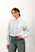 Handmade cotton shirt with ruffles in blue stripes for women. Elegant ruffled blouse. Women's clothing. Designer clothing for women. product logo