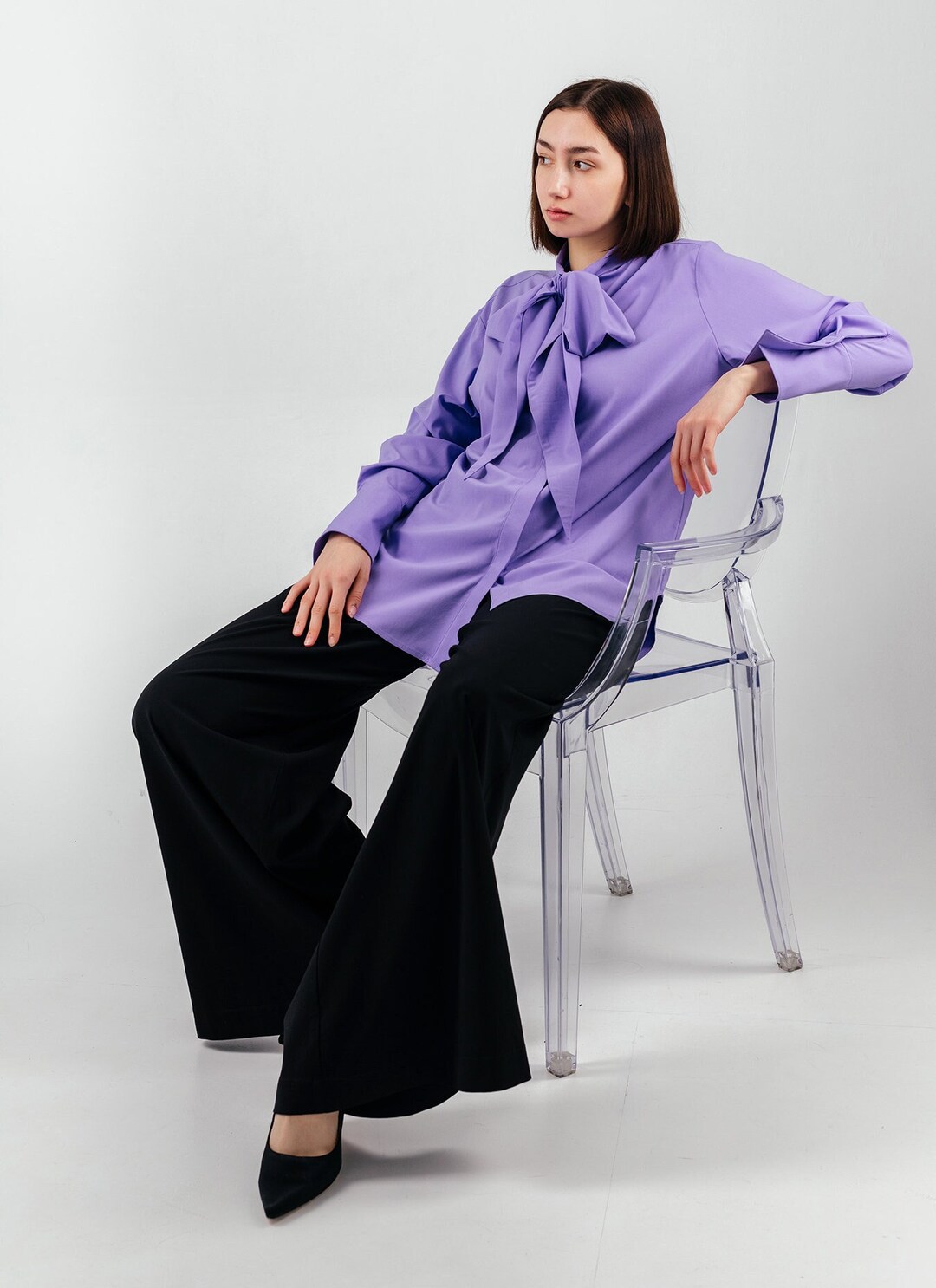 Elegant Purple Women's Shirt With Tie Collarviscose Etsy