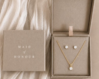 Conjunto de collar y pendientes solitario de oro - Caja de regalo de joyería para damas de honor