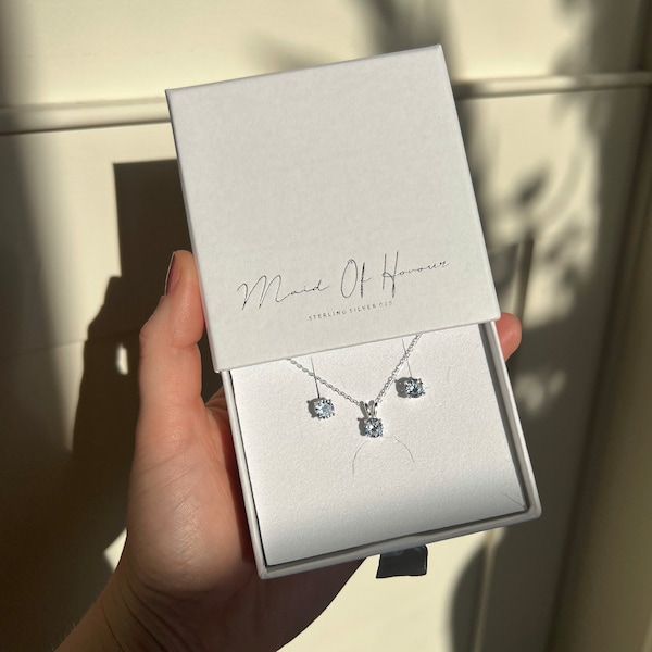 Sterling Silver Solitaire Necklace and Earring Set, Boxed - Perfect Gift for Maid of Honour