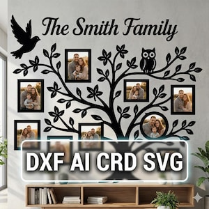 May include: A black metal family tree wall decor with photo frames. The tree design includes an owl, a bird, and the text "The Smith Family". The bottom of the image has the text "DXF AI CRD SVG".