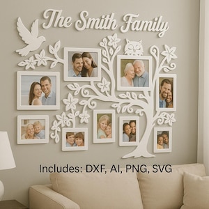 May include: A white wooden family photo display in the shape of a tree, with spaces for multiple photos. The words "The Smith Family" are at the top. Includes a dove and an owl. The display is mounted on a grey wall.