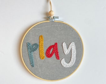 Hand Embroidered Play Wall Hanging, Play Wall Sign, Playspace Decor, Playroom Wall Signs, Nursery Decor